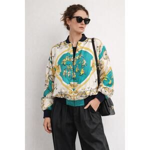 Vintage Womens Silk Bomber Jacket Size Medium Graphic Print statement Dressing